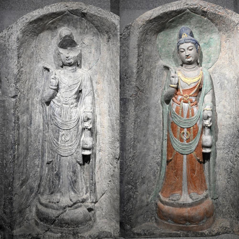 左图为龙门石窟万佛洞窟前南壁菩萨造像的3D打印模型；右图为利用数字化技术复原后的3D打印模型（2025年4月10日摄，拼版照片）。复原后的像龛精妙绝伦，栩栩如生，被游客誉为“龙门最美菩萨”。图片来源新华社
